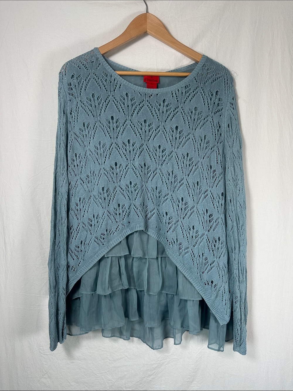 Christina Light Blue Lace-Knit Ruffle Hem Sweater
